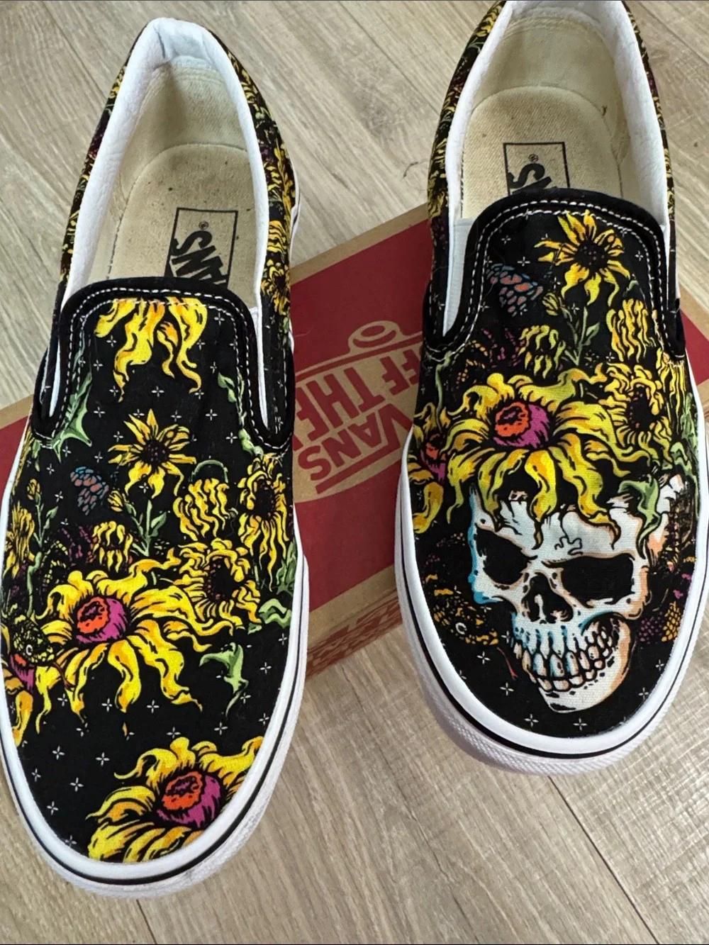 Vans Black Slip-On Loafers with Yellow Floral Skull Graphic